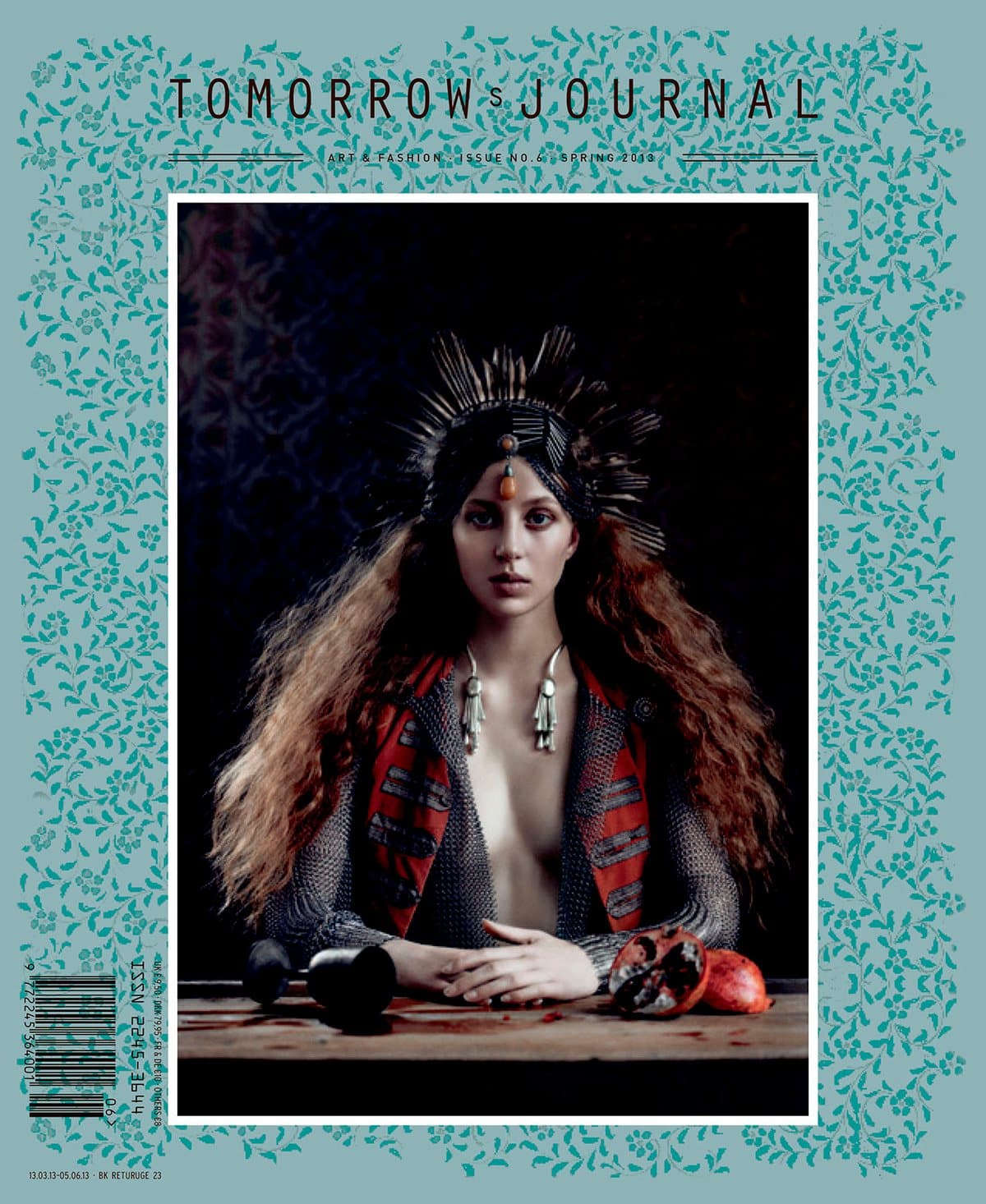 Tomorrow’s Journal issue 6 cover: a model in a headdress framed by a turquoise pattern
