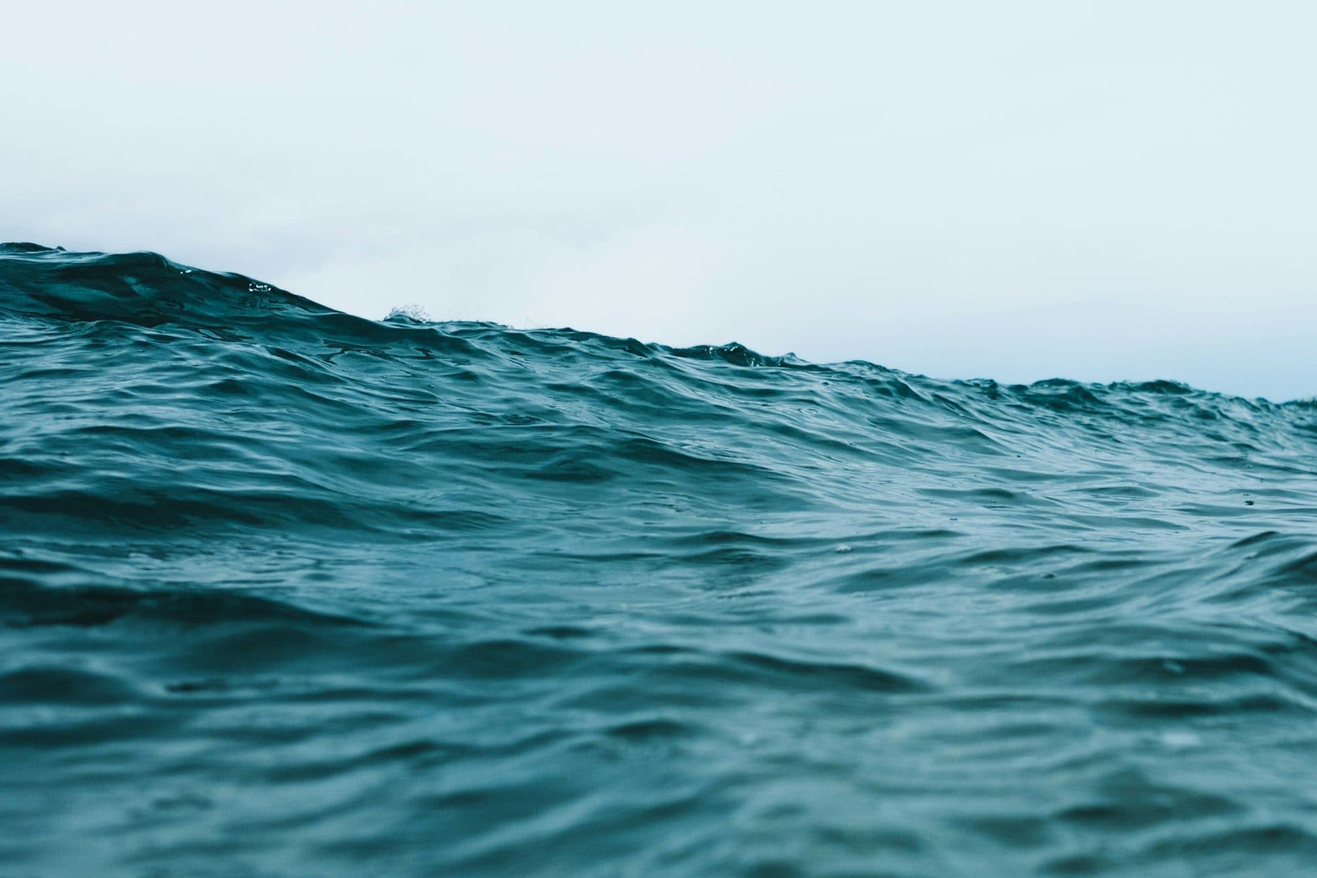 A slow wave of deep blue-green sea beneath a pale, overcast sky