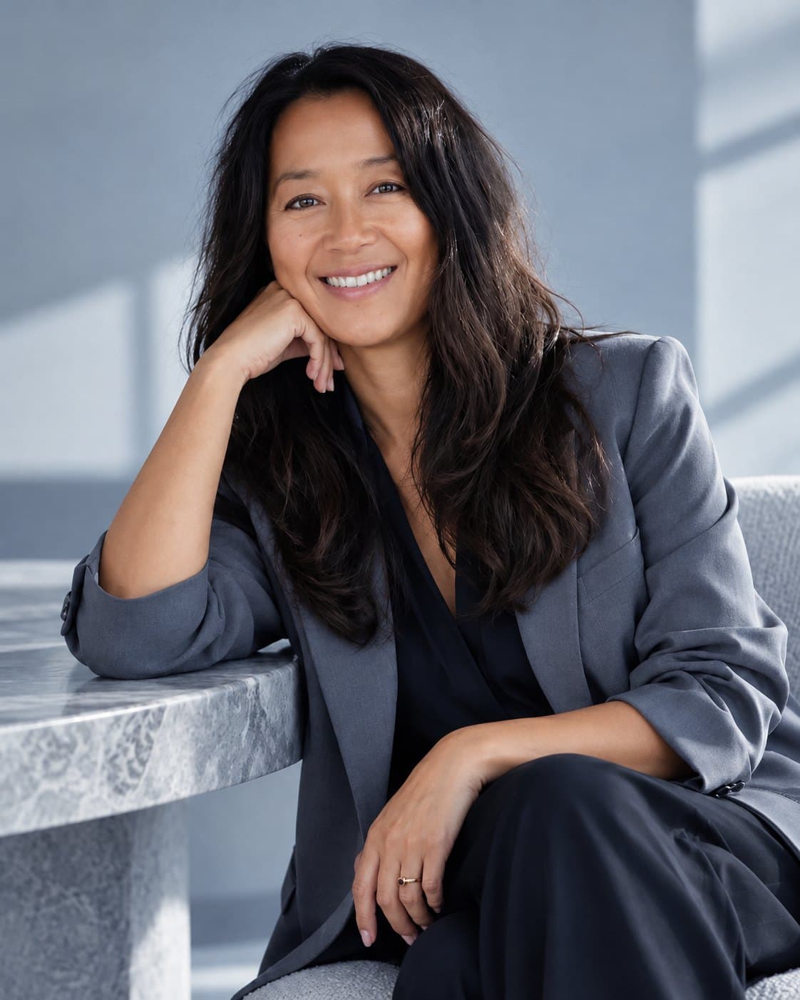 Anne Marie Mondrup in a grey tailored jacket, seated at a marble table in a softly lit room