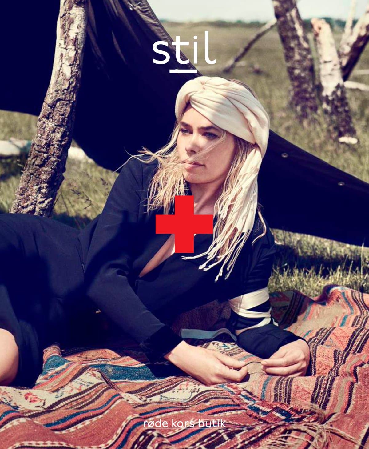 STIL magazine 2016 cover: actress Birgitte Hjort Sørensen reclining on a patterned rug outdoors